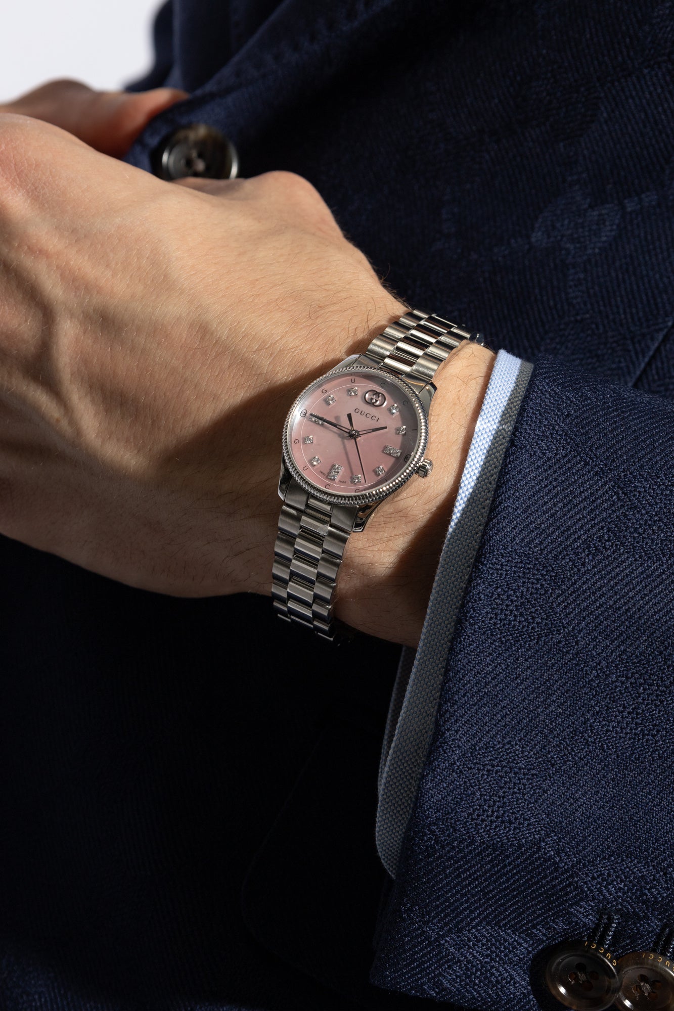  Shop Authentic Gucci G Timeless Diamonds Mother of Pearl Pink Dial Silver Steel Strap Watch for Women - YA1265062 - Luxxuri