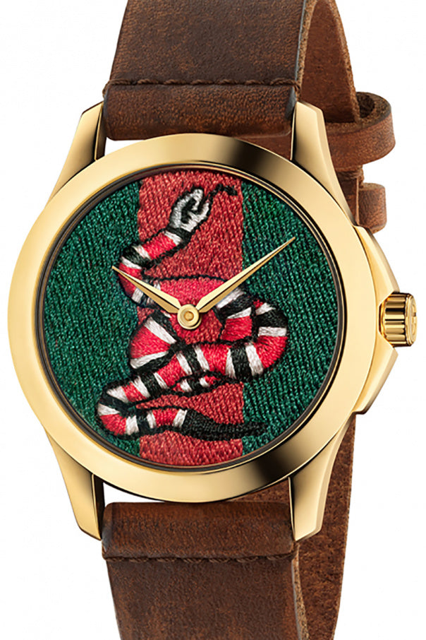  Shop Authentic Gucci G Timeless Quartz Green & Red Dial Brown Leather Strap Watch For Men - YA126451 - Luxxuri