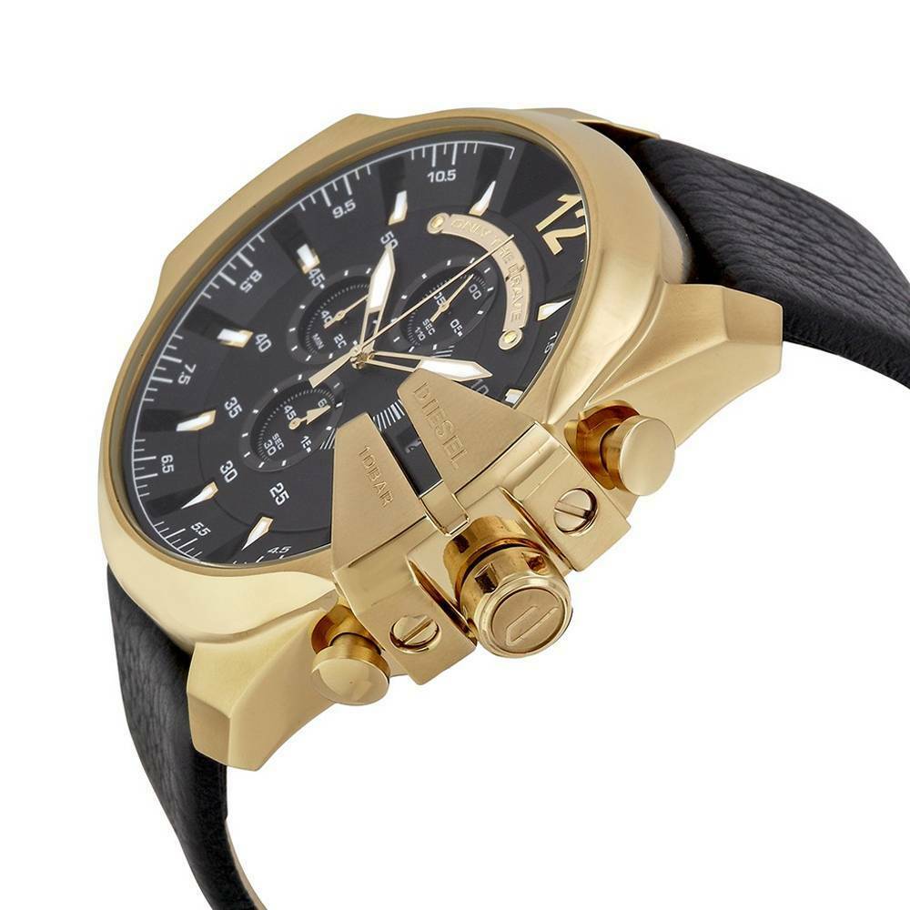  Shop Authentic Diesel Mega Chief Gold & Black Dial Black Leather Strap Watch For Men - DZ4344 - Luxxuri