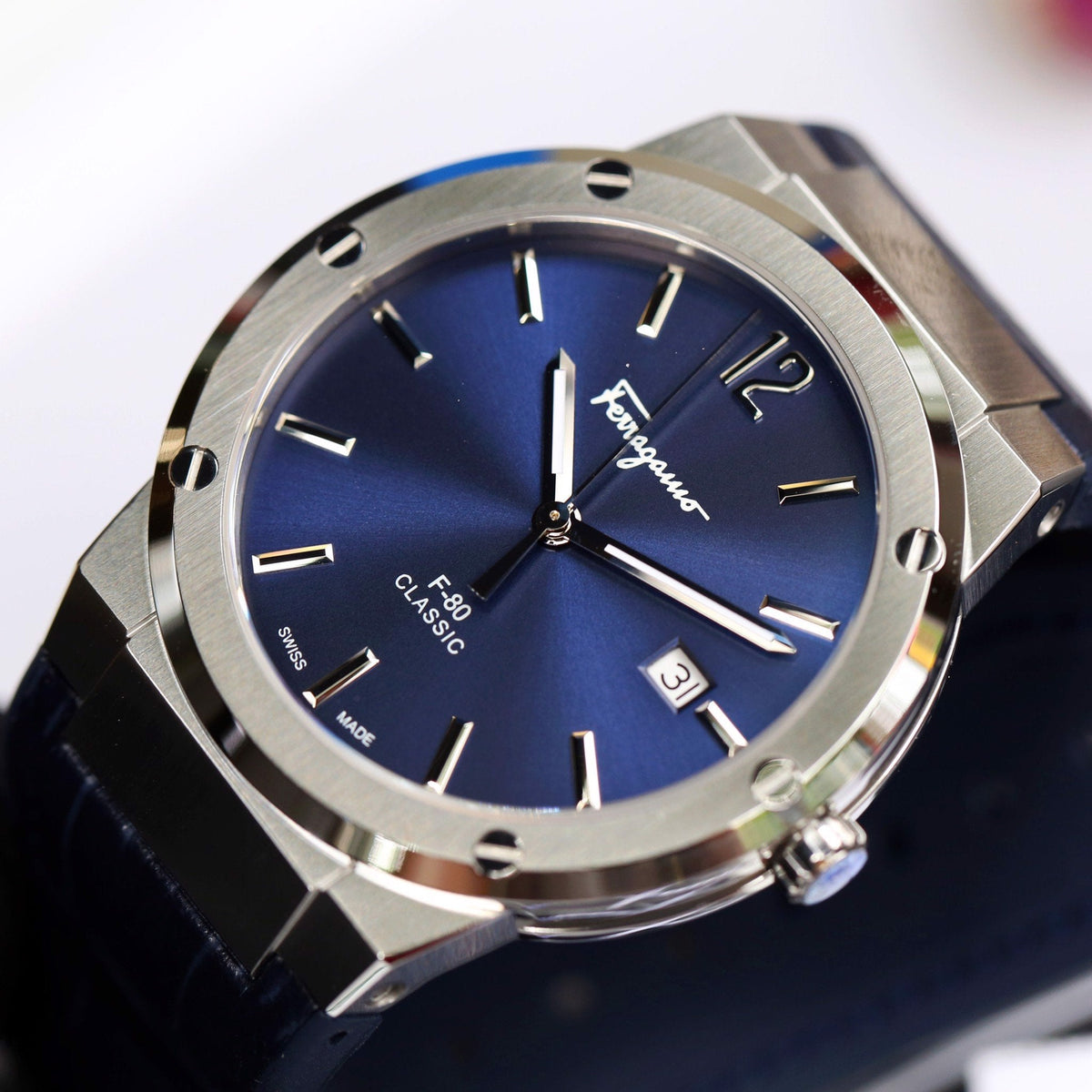 Shop Authentic Salvatore Ferragamo F-80 Classic Blue Dial Blue Leather Strap Watch for Men - SFDT00319 - Luxxuri