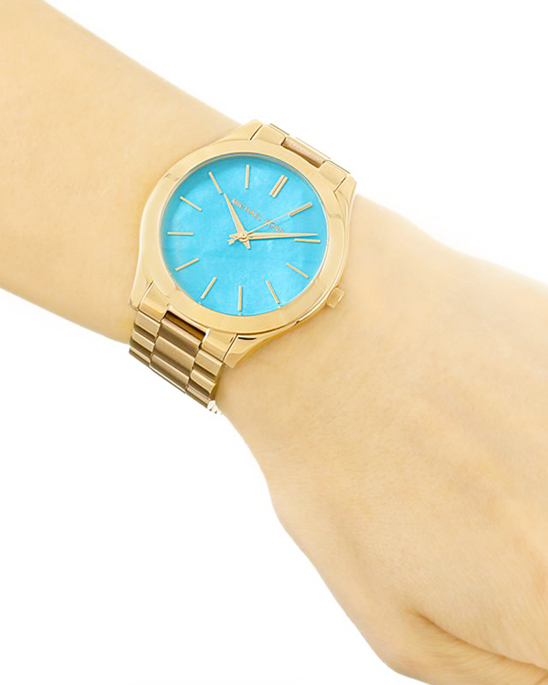  Shop Authentic Michael Kors Slim Runway Blue Mother of Pearl Dial Gold Steel Strap Watch for Women - MK3492 - Luxxuri