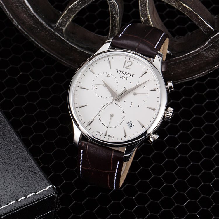  Shop Authentic Tissot T Classic Tradition Chronograph White Dial Brown Leather Strap Watch For Men - T063.617.16.037.00 - Luxxuri