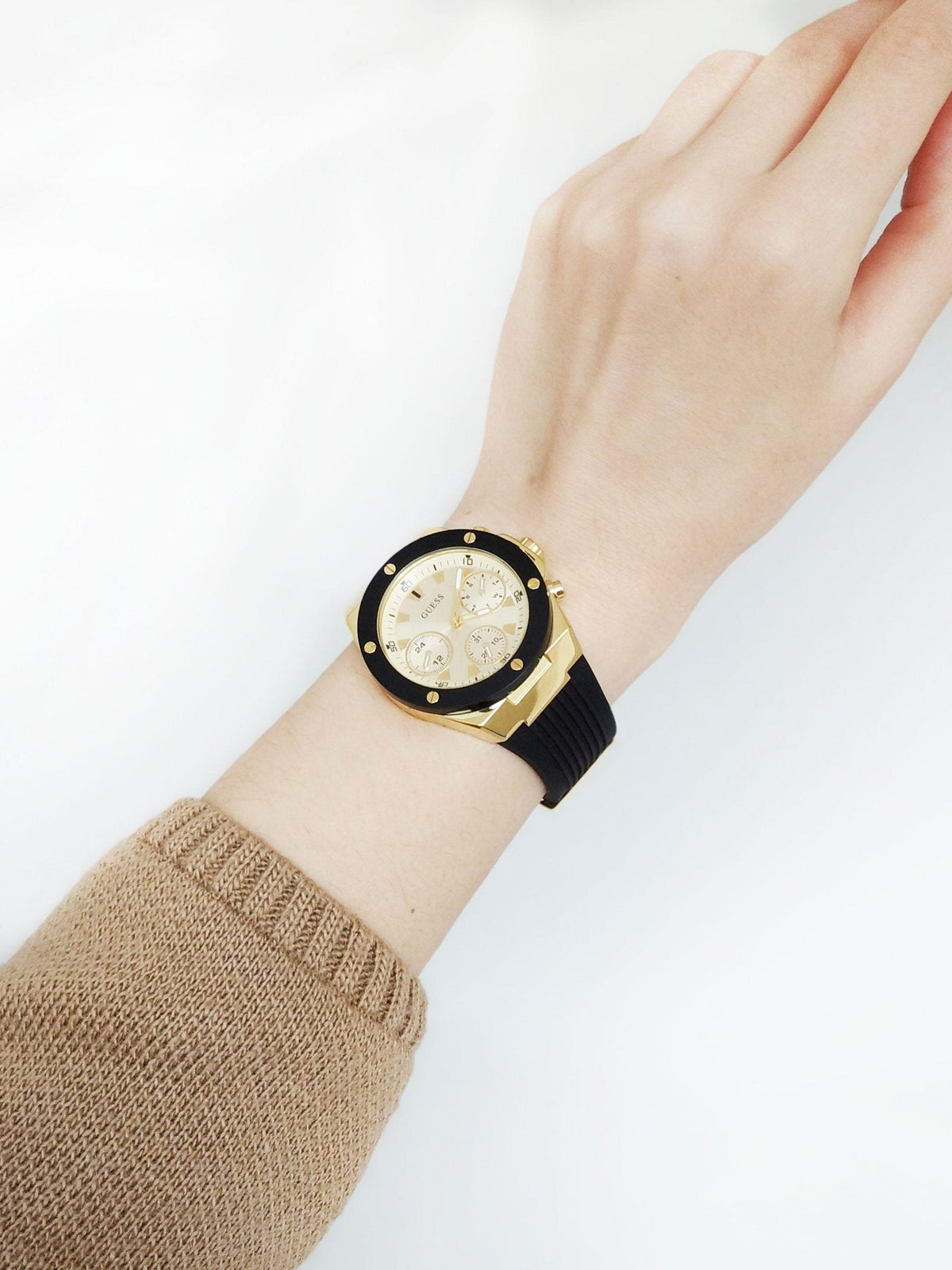  Shop Authentic Guess Athena Gold Dial Black Rubber Strap Watch For Women - GW0030L2 - Luxxuri