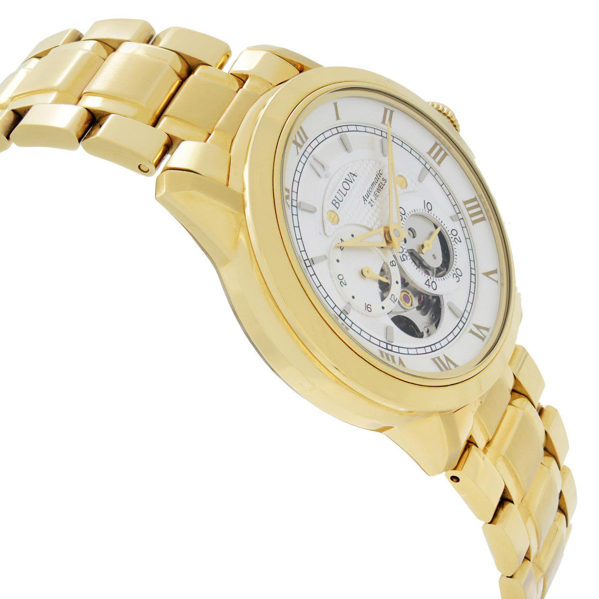  Shop Authentic Bulova BVA Skeleton Silver Dial Gold Steel Strap Watch for Men - 97A108 - Luxxuri