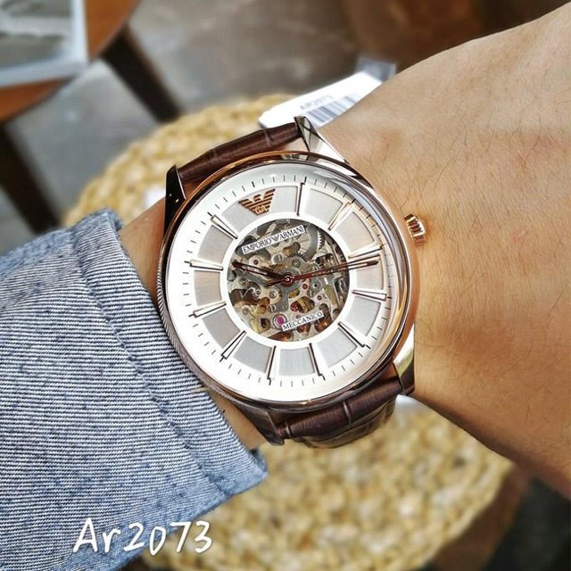  Shop Authentic Emporio Armani Epoca White Skeletal Dial Black Leather Strap Watch For Men - AR2073 - Luxxuri