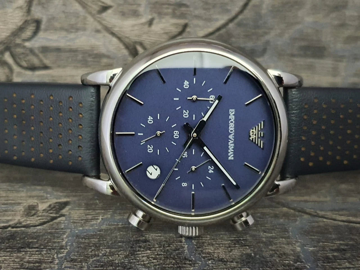  Shop Authentic Emporio Armani Luigi Chronograph Blue Dial Black Leather Strap Watch For Men - AR1736 - Luxxuri