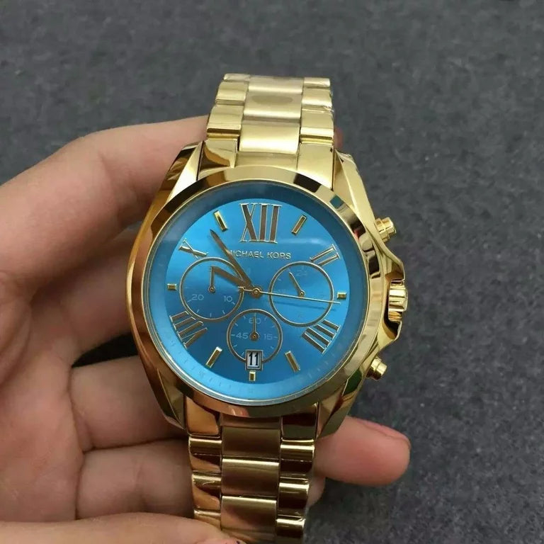 Shop Authentic Michael Kors Bradshaw Chronograph Blue Dial Gold Steel Strap Watch For Women - MK5975 - Luxxuri