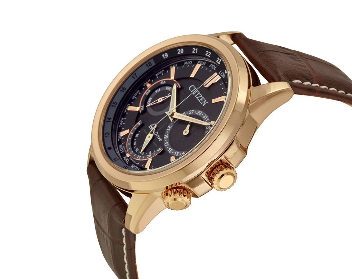  Shop Authentic Citizen Eco Drive Calendrier Black Dial Brown Leather StrapWatch For Men - BU2023-12E - Luxxuri