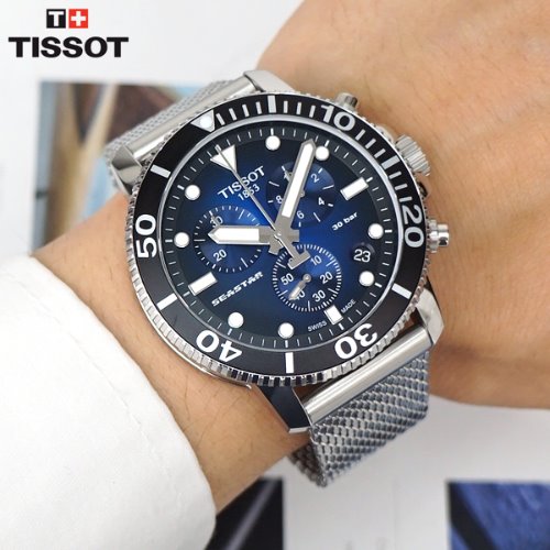  Shop Authentic Tissot Seastar 1000 Chronograph Blue Dial Silver Mesh Bracelet Watch For Men - T120.417.11.041.02 - Luxxuri