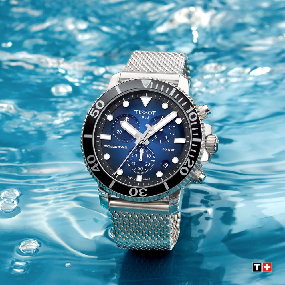  Shop Authentic Tissot Seastar 1000 Chronograph Blue Dial Silver Mesh Bracelet Watch For Men - T120.417.11.041.02 - Luxxuri