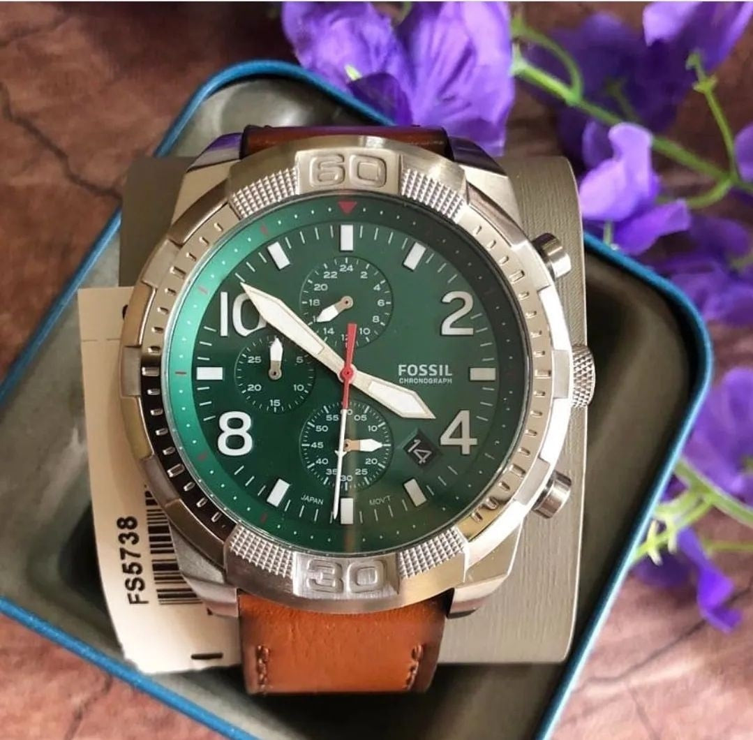  Shop Authentic Fossil Bronson Chronograph Green Dial Brown Leather Strap Watch for Men - FS5738 - Luxxuri
