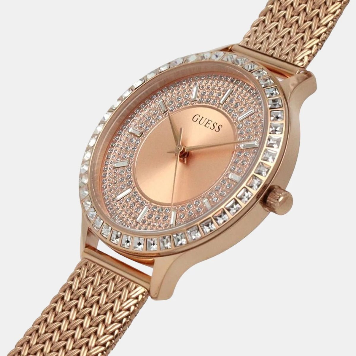  Shop Authentic Guess Soiree Diamonds Rose Gold Dial Rose Gold Mesh Bracelet Watch for Women - GW0402L3 - Luxxuri