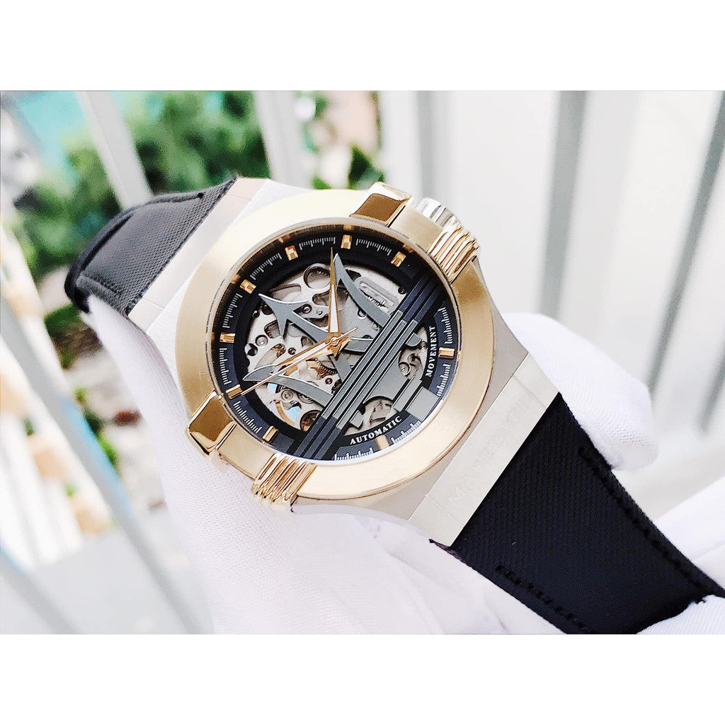 Shop Authentic Maserati Potenza Automatic Skeleton Grey Dial Black Leather Strap Watch For Men - R8821108037 - Luxxuri