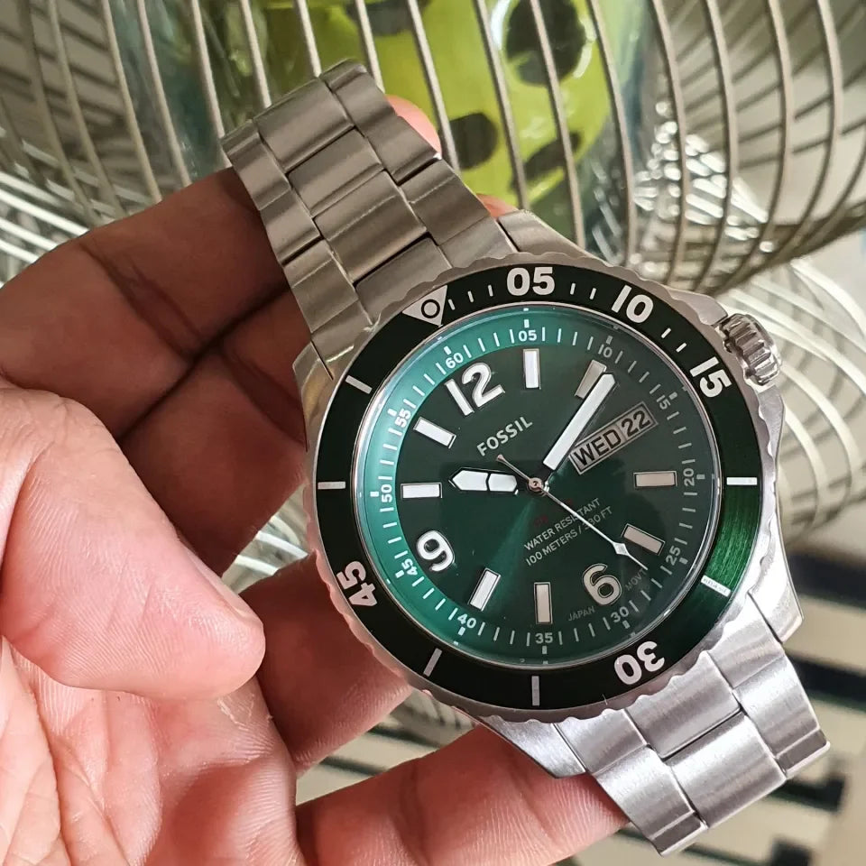  Shop Authentic Fossil FB-03 Chronograph Green Dial Silver Steel Strap Watch for Men - FS5726 - Luxxuri