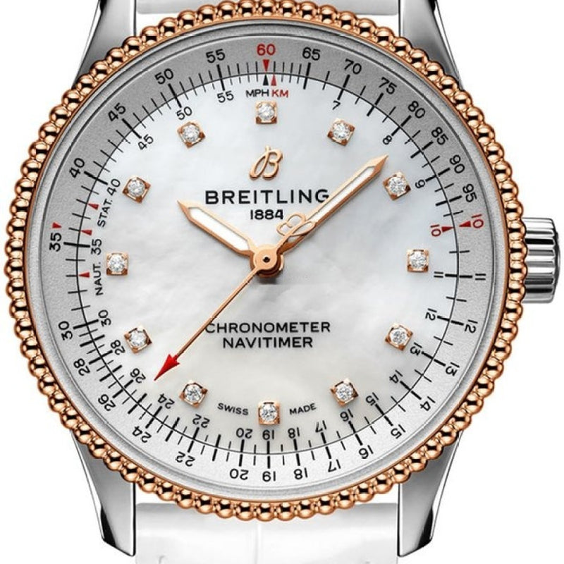  Shop Authentic Breitling Navitimer Automatic 35 Mother of Pearl Dial White Leather Strap Watch for Women - U17395211A1P3 - Luxxuri