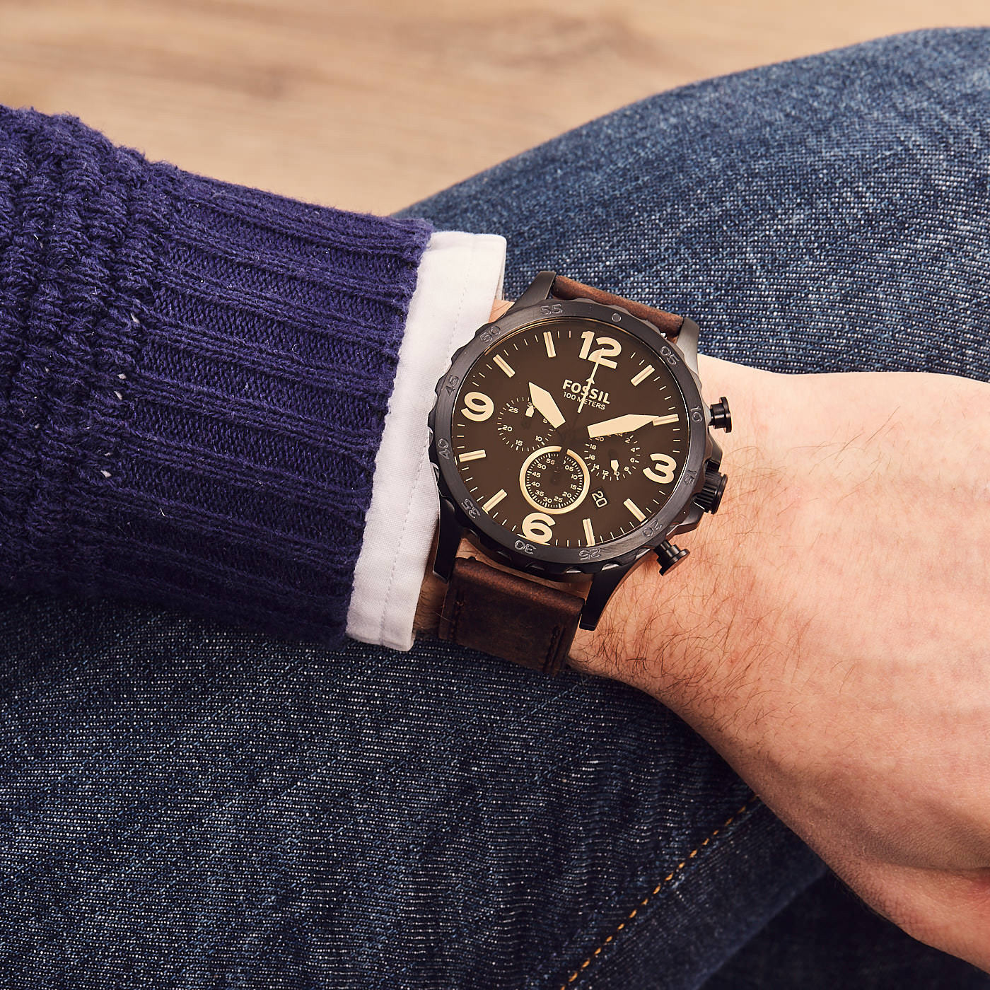  Shop Authentic Fossil Nate Chronograph Brown Dial Brown Leather Strap Watch for Men - JR1487 - Luxxuri