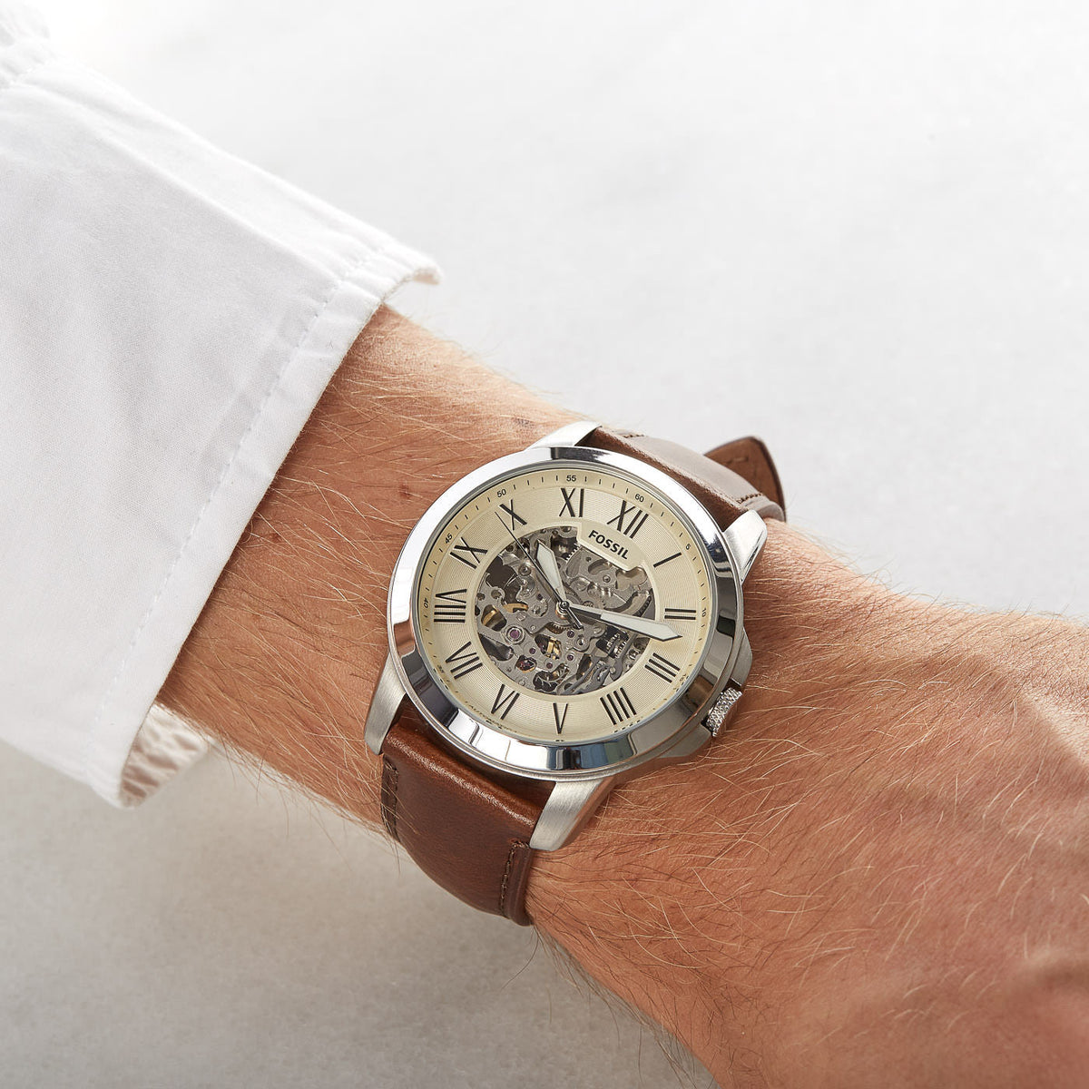  Shop Authentic Fossil Grant Automatic Beige Skeleton Dial Brown Leather Strap Watch for Men - ME3099 - Luxxuri
