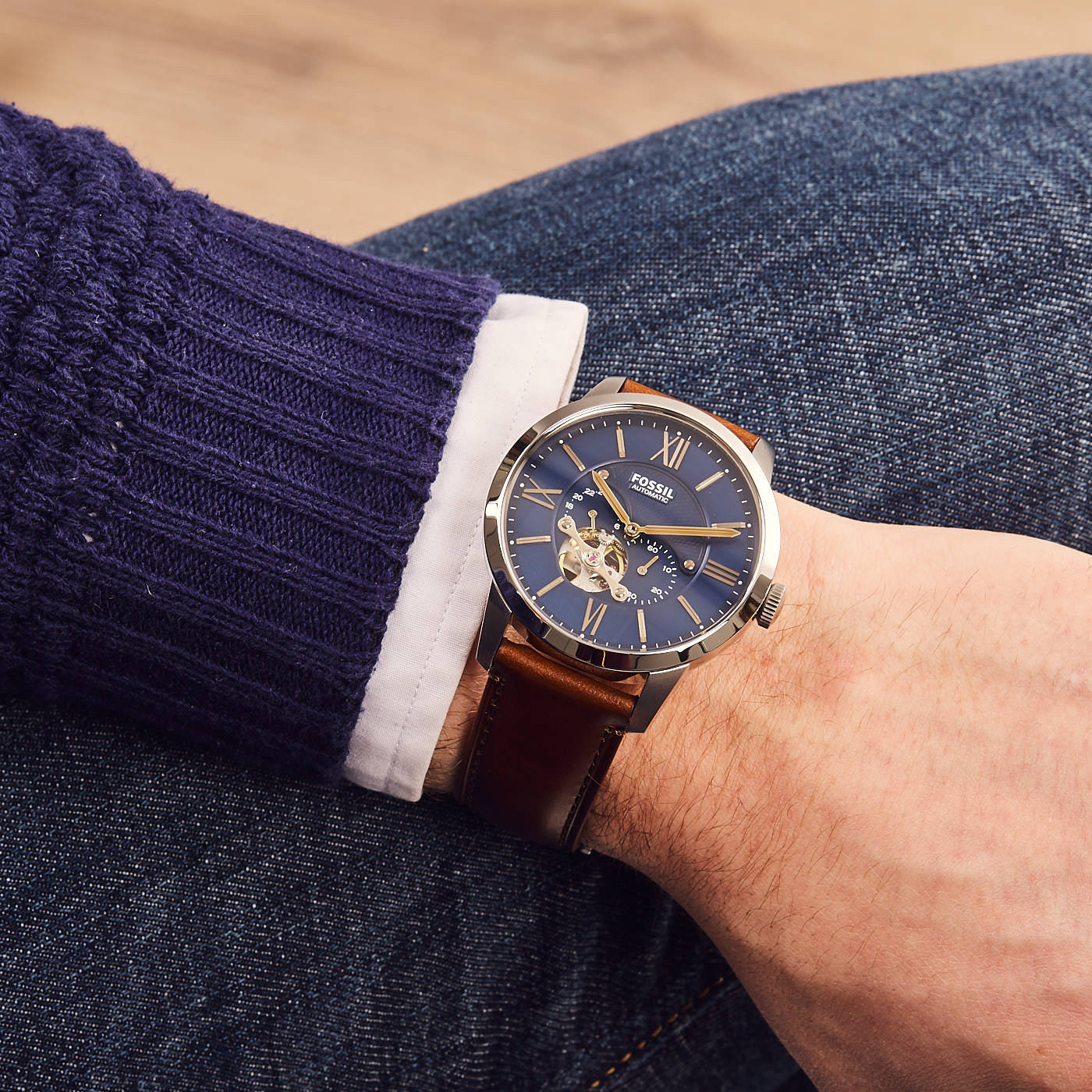  Shop Authentic Fossil Townsman Automatic Blue Dial Brown Leather Strap Watch for Men - ME3110 - Luxxuri