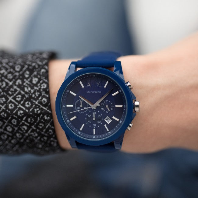  Shop Authentic Armani Exchange Outerbanks Chronograph Blue Dial Blue Silicone Strap Watch For Men - AX1327 - Luxxuri