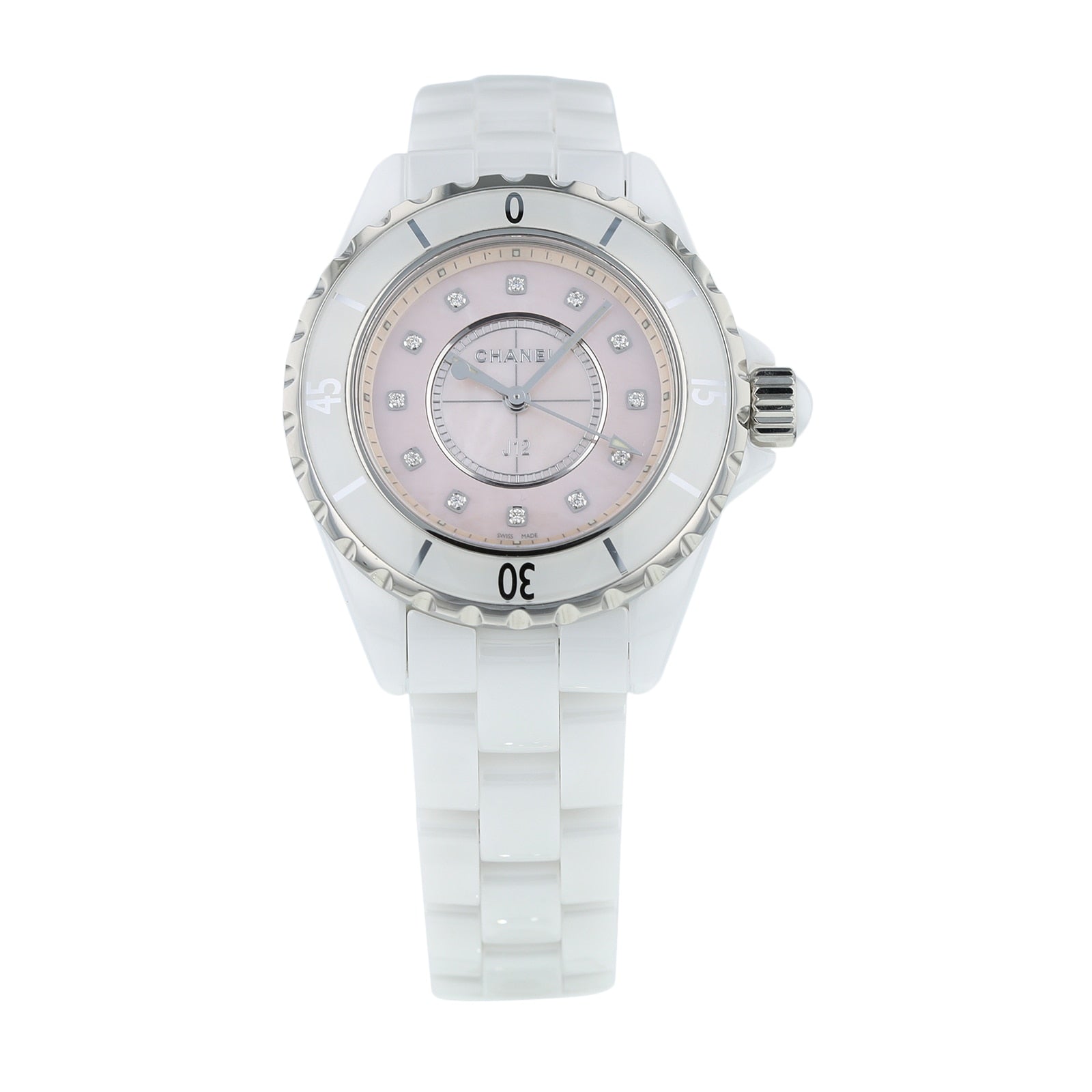  Shop Authentic Chanel J12 Quartz Diamonds Pink Dial White Steel Strap Watch for Women - J12 H5513 - Luxxuri
