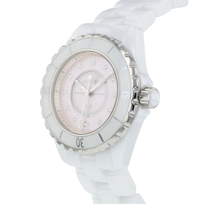  Shop Authentic Chanel J12 Quartz Diamonds Pink Dial White Steel Strap Watch for Women - J12 H5513 - Luxxuri
