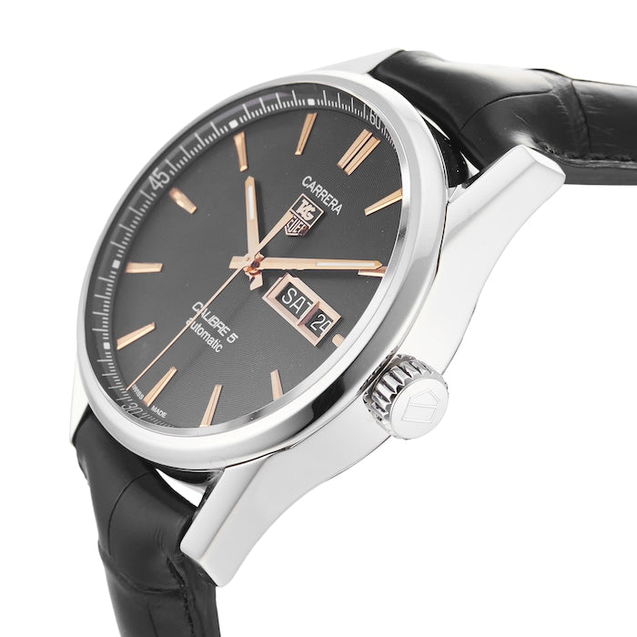  Shop Authentic Tag Heuer Carrera Calibre 5 Automatic Black Dial Black Leather Strap Watch for Men - WAR201C.FC6266 - Luxxuri