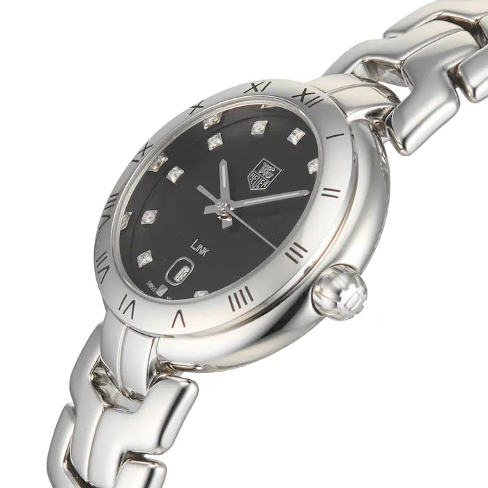  Shop Authentic Tag Heuer Link Quartz Diamonds Black Dial Silver Steel Strap Watch for Women - WAT1410.BA0954 - Luxxuri