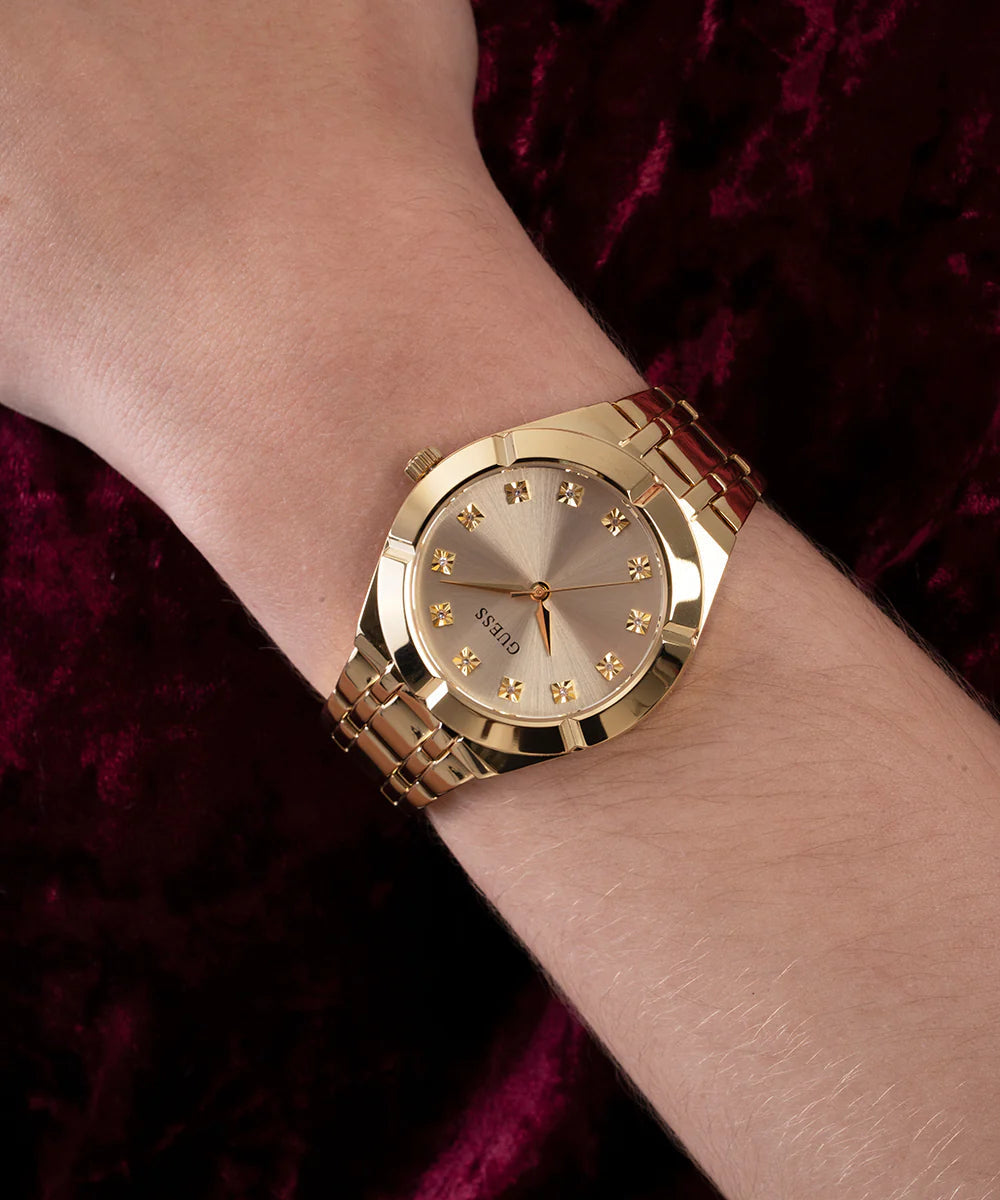  Shop Authentic Guess Crystalline Diamonds Gold Dial Gold Steel Strap Watch for Women - GW0114L2 - Luxxuri