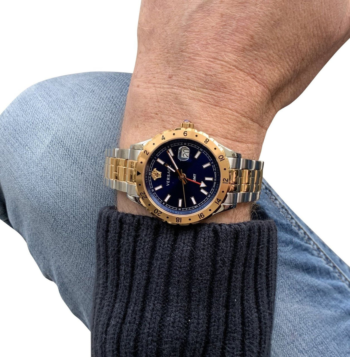  Shop Authentic Versace Hellenyium GMT Blue Dial Two Tone Steel Strap Watch for Men - V11060017 - Luxxuri