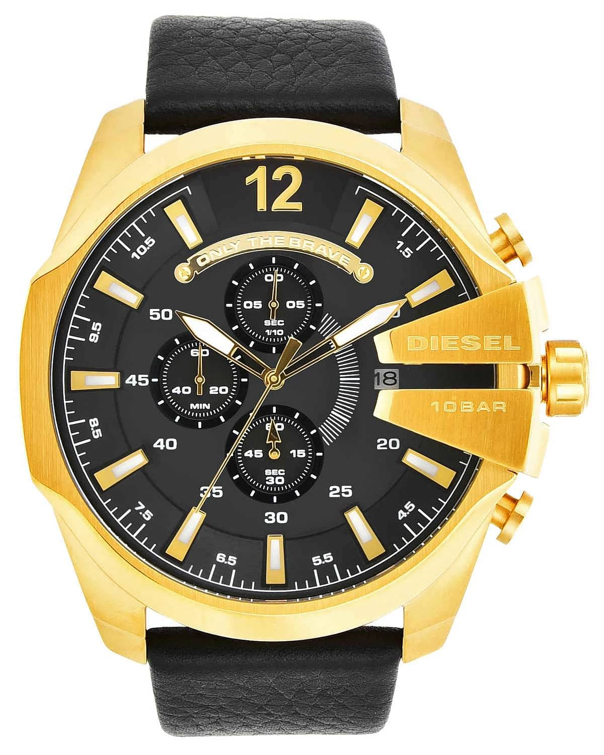  Shop Authentic Diesel Mega Chief Gold & Black Dial Black Leather Strap Watch For Men - DZ4344 - Luxxuri