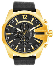  Shop Authentic Diesel Mega Chief Gold & Black Dial Black Leather Strap Watch For Men - DZ4344 - Luxxuri