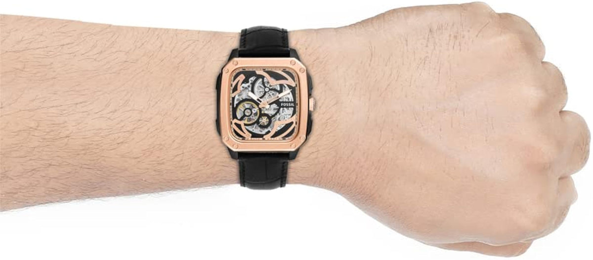  Shop Authentic Fossil Inscription Automatic Skeleton Rose Gold Dial Black Leather Strap Watch for Men - BQ2572 - Luxxuri