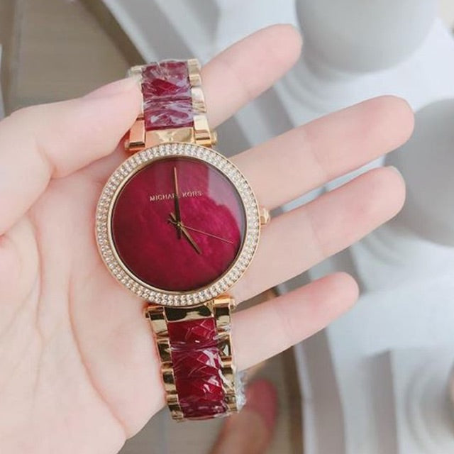  Shop Authentic Michael Kors Parker Mother of Pearl Red Dial Two Tone Steel Strap Watch for Women - MK6427 - Luxxuri