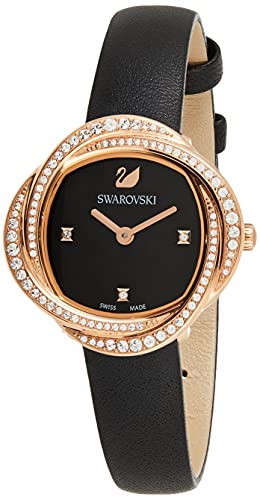  Shop Authentic Swarovski Crystal Flower Black Dial Black Leather Strap Watch for Women - 5552421 - Luxxuri
