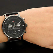 Shop Authentic Tommy Hilfiger Evan Black Dial Black Leather Strap Watch for Men - 1710395 - Luxxuri