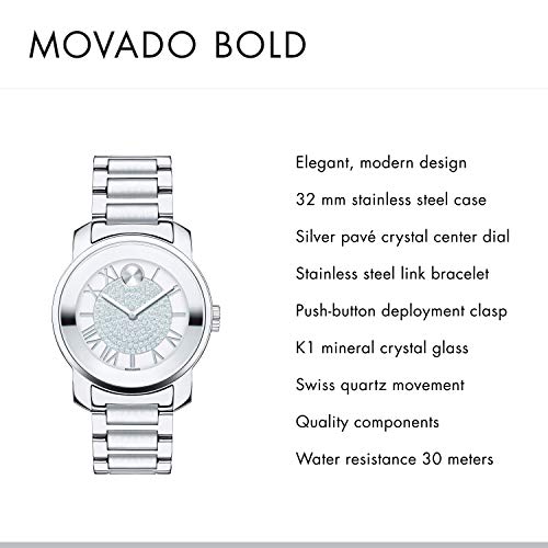  Shop Authentic Movado Bold Crystal Pave Silver Dial Silver Steel Strap Watch for Women - 3600254 - Luxxuri