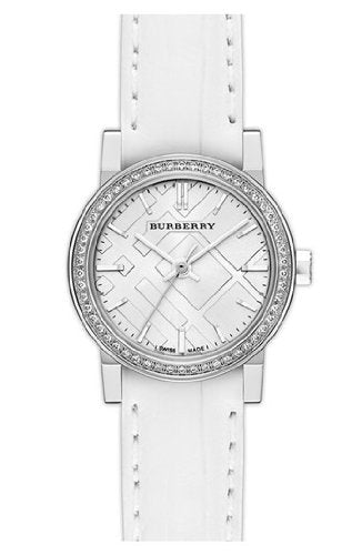 Shop Authentic Burberry The City Diamonds Silver Dial White Leather Strap Watch for Women - BU9221 - Luxxuri
