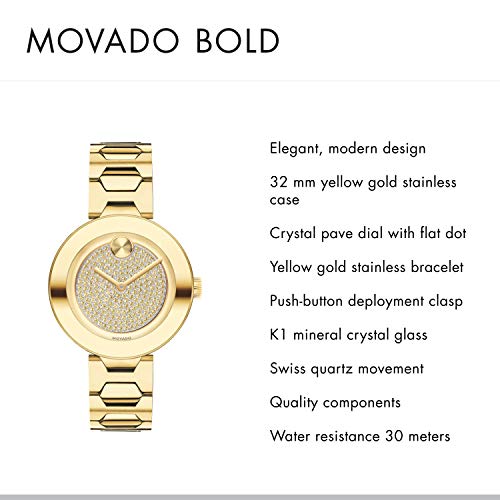  Shop Authentic Movado Bold Crystal Gold Dial Gold Steel Strap Watch For Women - 3600492 - Luxxuri