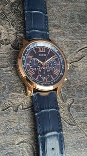  Shop Authentic Guess Horizon Chronograph Blue Dial Blue Leather Strap Watch For Men - W0380G5 - Luxxuri