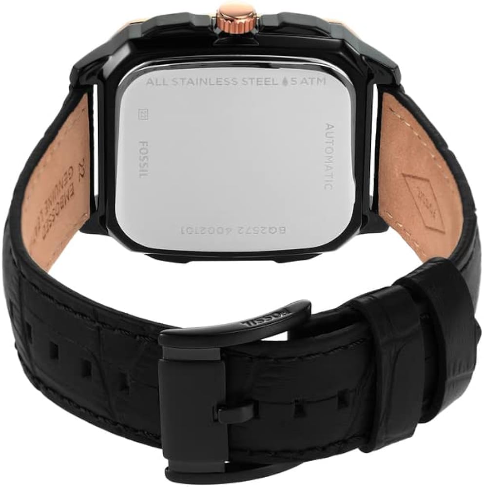  Shop Authentic Fossil Inscription Automatic Skeleton Rose Gold Dial Black Leather Strap Watch for Men - BQ2572 - Luxxuri