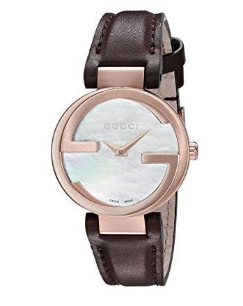  Shop Authentic Gucci G Interlocking Mother of Pearl Dial Brown Leather Strap Watch For Women - YA133516 - Luxxuri