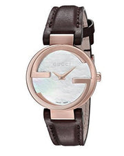  Shop Authentic Gucci G Interlocking Mother of Pearl Dial Brown Leather Strap Watch For Women - YA133516 - Luxxuri