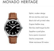  Shop Authentic Movado Heritage Calendoplan Black Dial Brown Leather Strap Watch for Men - 3650001 - Luxxuri