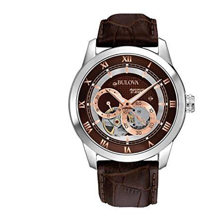  Shop Authentic Bulova Classic Skeleton Automatic Brown Dial Brown Leather Strap Watch for Men - 96A120 - Luxxuri