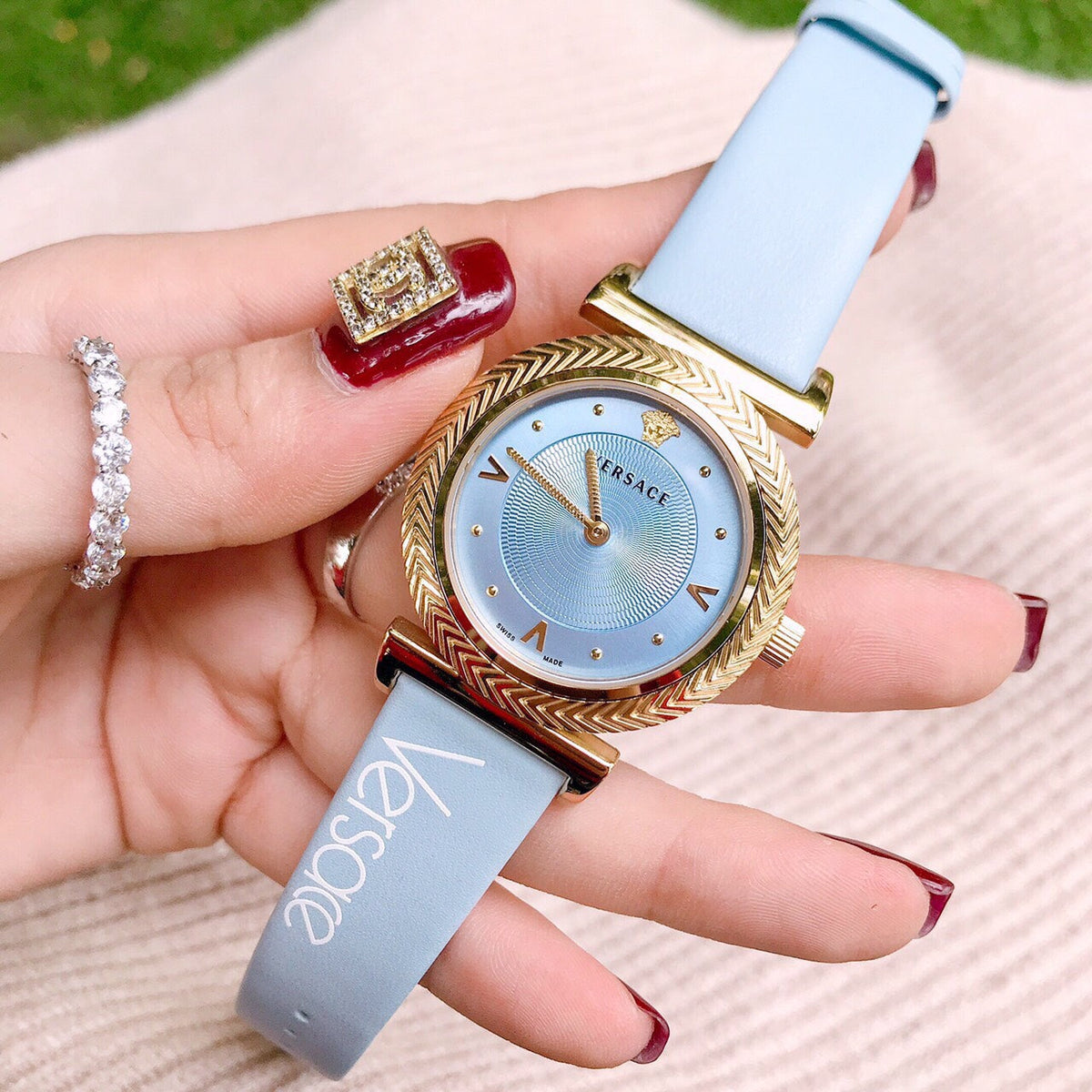  Shop Authentic Versace V-Motif Grey Dial Blue Leather Strap Watch for Women - VERE00318 - Luxxuri