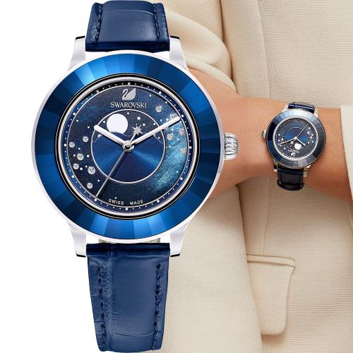  Shop Authentic Swarovski Octea Lux Moon Crystal Blue Dial Blue Leather Strap Watch for Women - 5516305 - Luxxuri