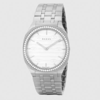  Shop Authentic Gucci 25H Quartz Diamonds Silver Dial Silver Steel Strap Watch for Women - YA163401 - Luxxuri