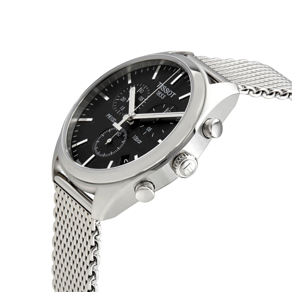  Shop Authentic Tissot PR 100 Chronograph Black Dial Silver Mesh Bracelet Watch For Men - T101.417.11.051.01 - Luxxuri