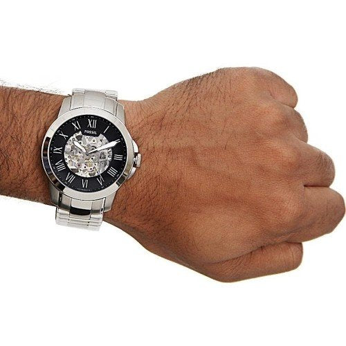  Shop Authentic Fossil Grant Automatic Skeleton Black Dial Silver Steel Strap Watch for Men - ME3103 - Luxxuri