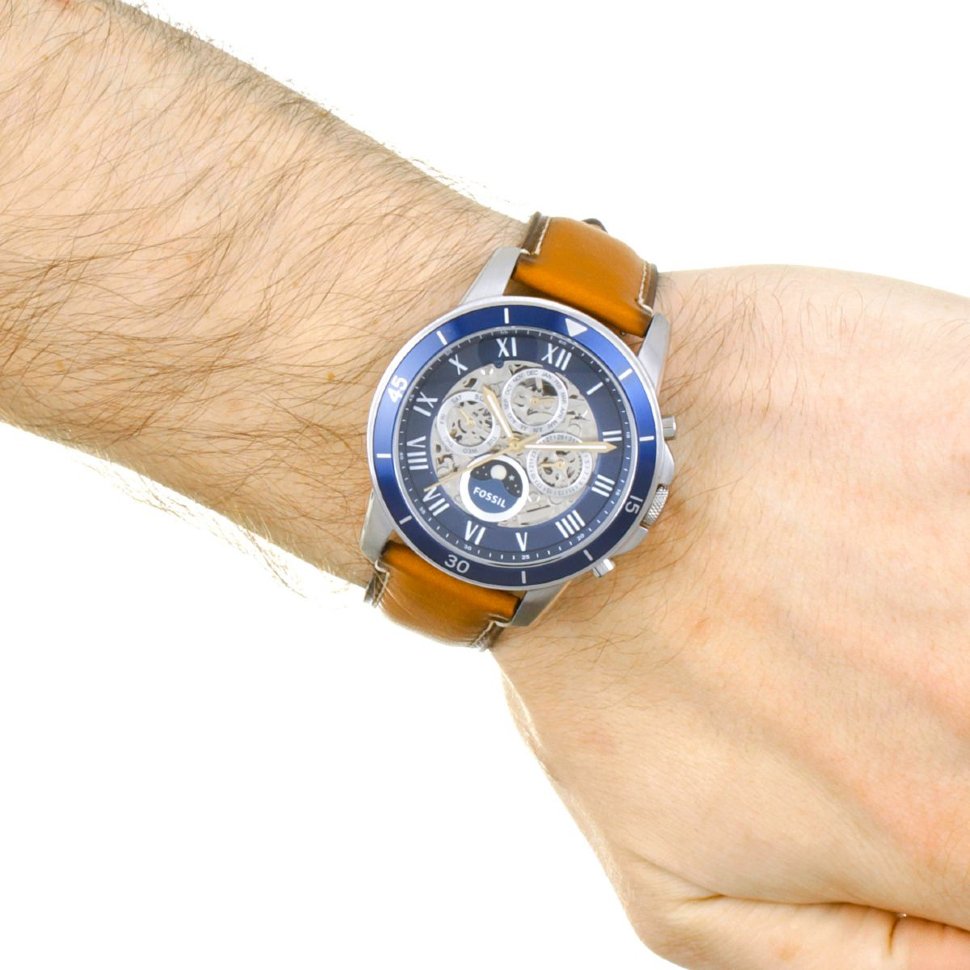  Shop Authentic Fossil Grant Sport Automatic Skeleton Blue Dial Brown Leather Strap Watch for Men - ME3140 - Luxxuri
